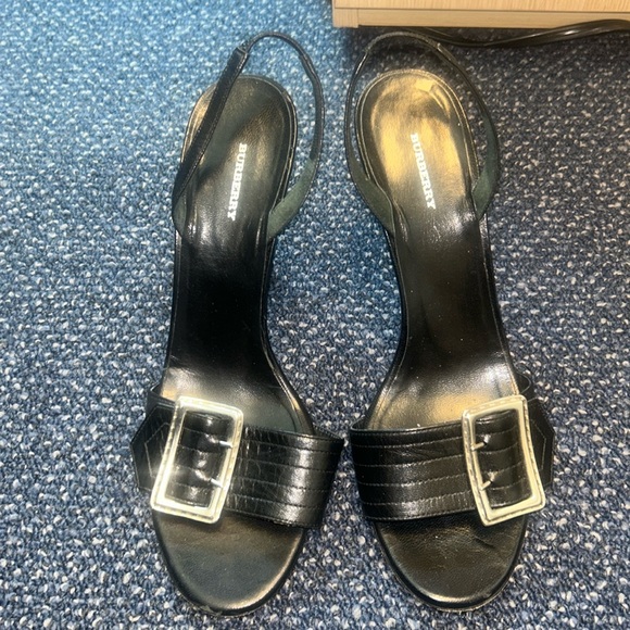 Burberry black leather sling back heeled sandals w/ silver buckle at toe - Picture 1 of 10
